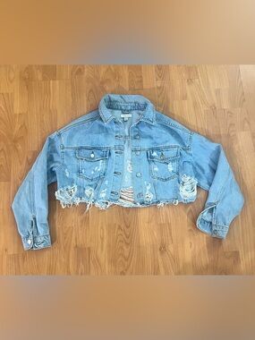 Topshop Light Blue Distressed Cropped Denim Jacket